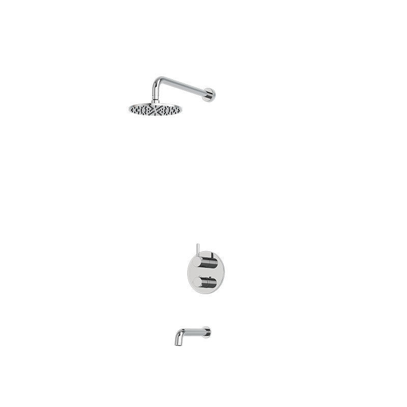 Shower kit with round shower head and wall-mounted bath spout